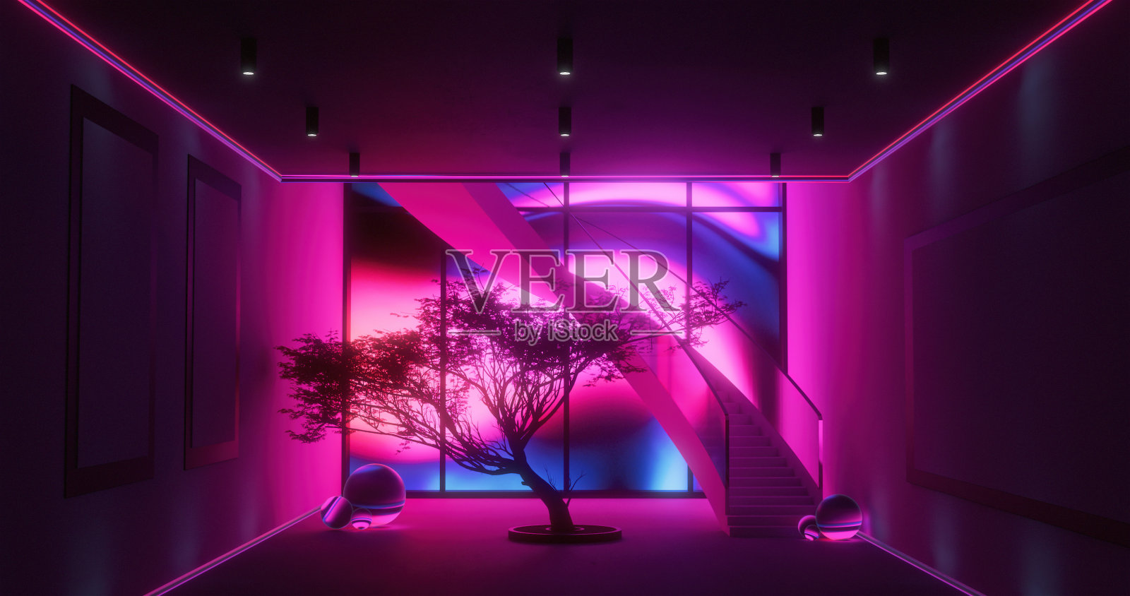 霓虹闪电下的Washitsu树的室内数字生成图像照片摄影图片