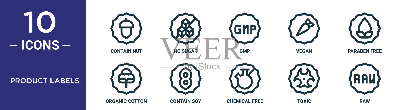 产品标签大纲图标集包括细线包含坚果,gmp,无苯甲酸酯,含有大豆,有毒,生,有机棉图标报告,演示,图表,网页设计图标素材