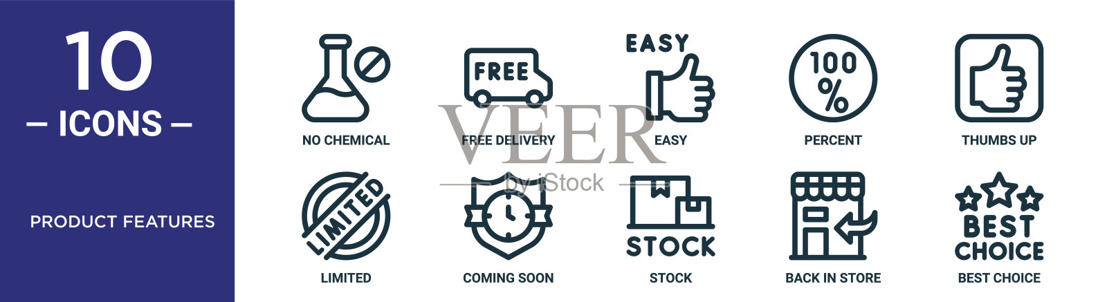 产品功能大纲图标集包括细线无化学,容易,大拇指向上,即将到来,回到商店,最佳选择,有限的图标为报告,演示,图表,网页设计图标素材