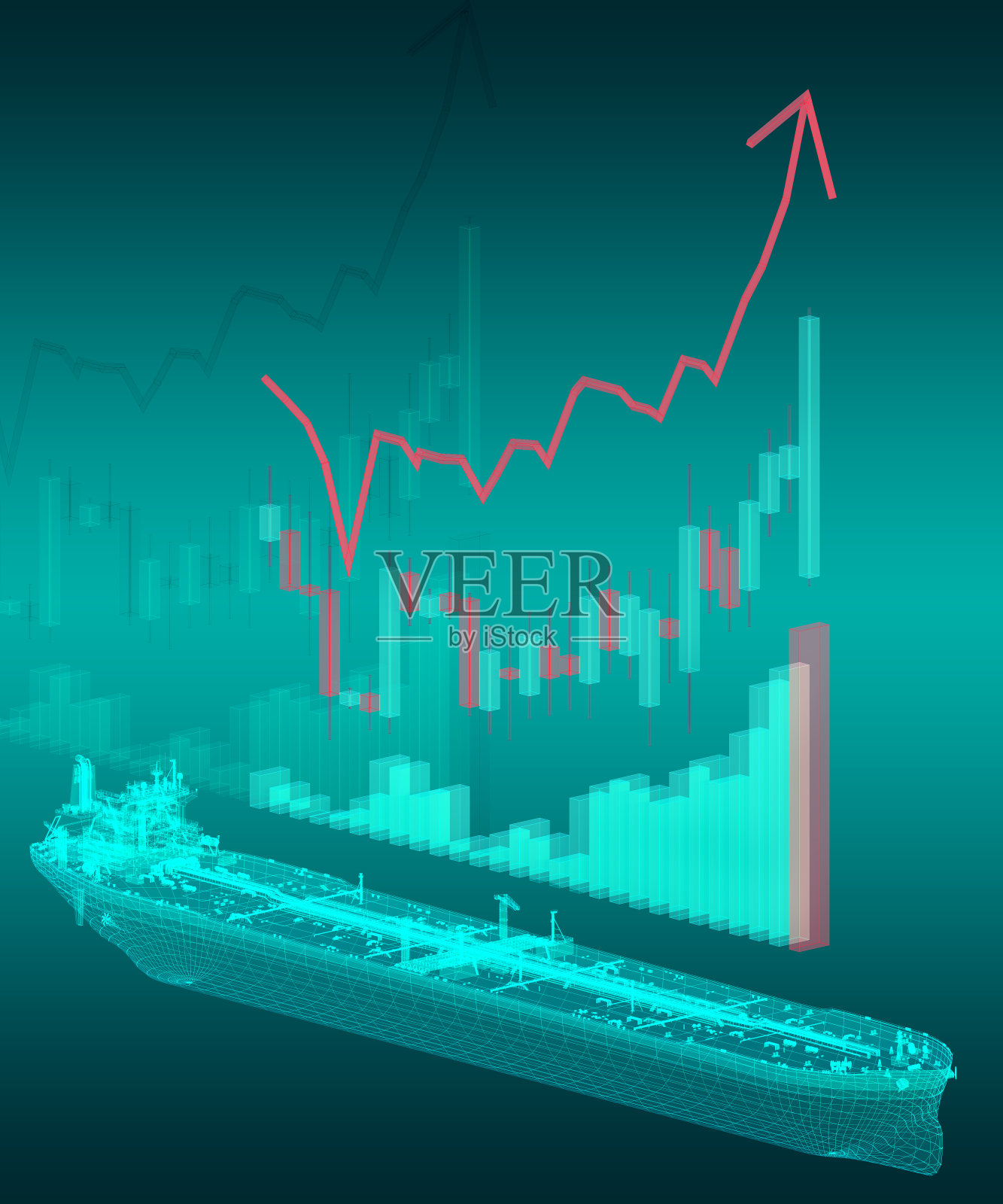 上升图背景为油船示意图。3 d渲染照片摄影图片