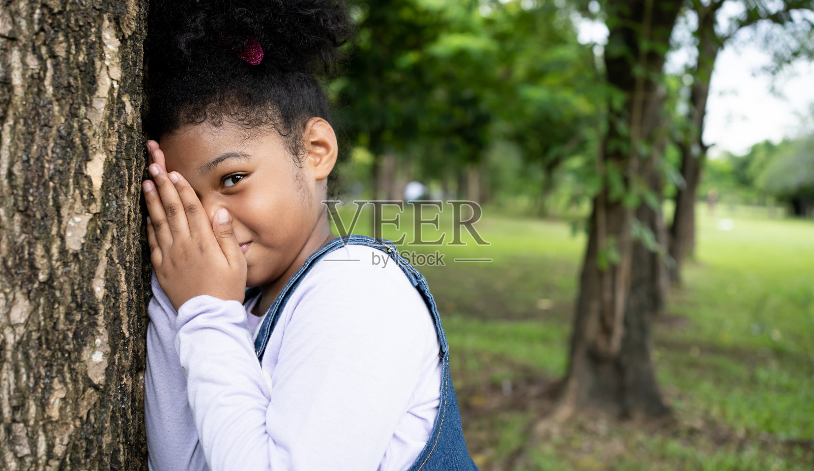 小女孩们在公园里玩捉迷藏,孩子们靠在树上数数。照片摄影图片