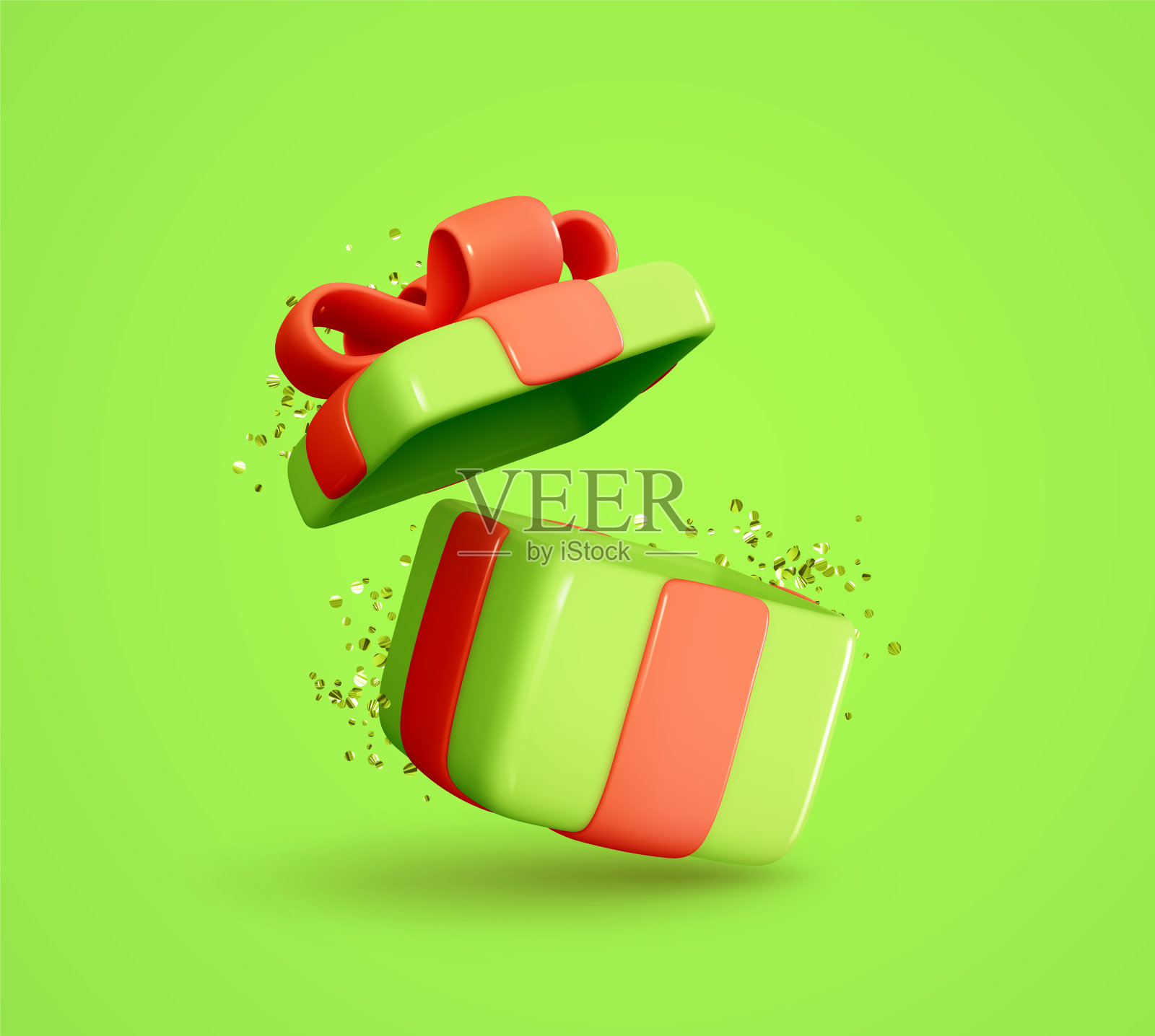 打开绿色礼品盒惊喜。现实的3d模板空的礼物盒与黄金彩纸。节日装饰元素的设计。生日婚礼的节日对象。圣诞和新年礼物插画图片素材