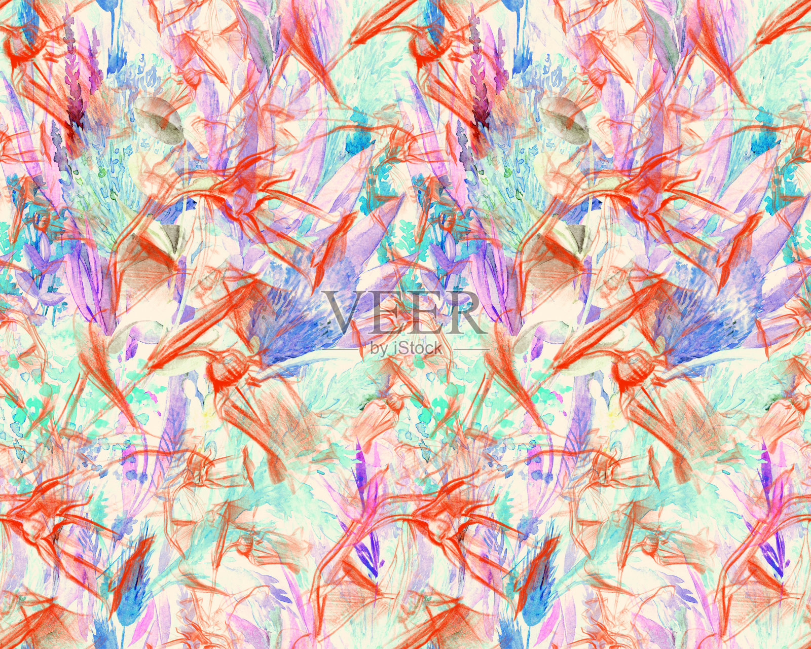 无缝场图案与蓝铃花画在紫色铅笔上的彩色背景插画图片素材