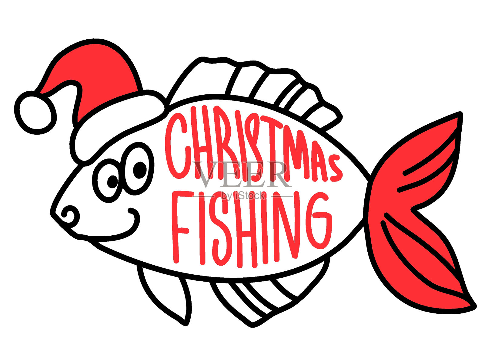圣诞鱼戴着圣诞老人的红帽子。矢量冬季钓鱼符号手绘插图与节日文字孤立在白色插画图片素材
