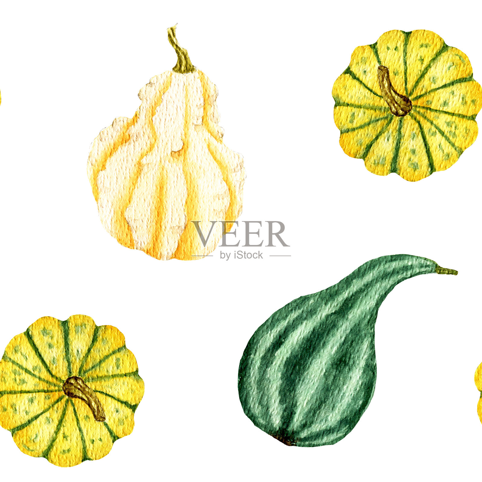 水彩无缝图案与南瓜。感恩节和万圣节的秋季设计。设计菜单,封面和包装。有机蔬菜菜园食品。插画图片素材