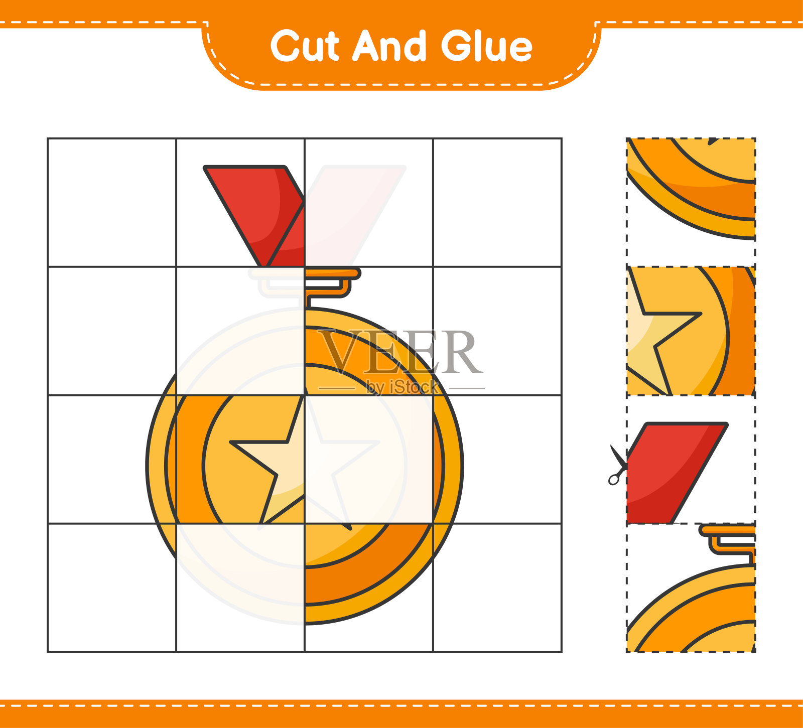切割和胶水,切割部分的奖杯和胶水他们。教育儿童游戏,可打印的工作表,矢量插图插画图片素材