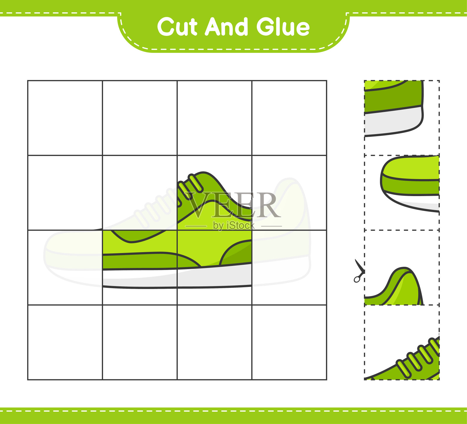 切割和胶水,切割部分运动鞋和胶水他们。教育儿童游戏,可打印的工作表,矢量插图插画图片素材