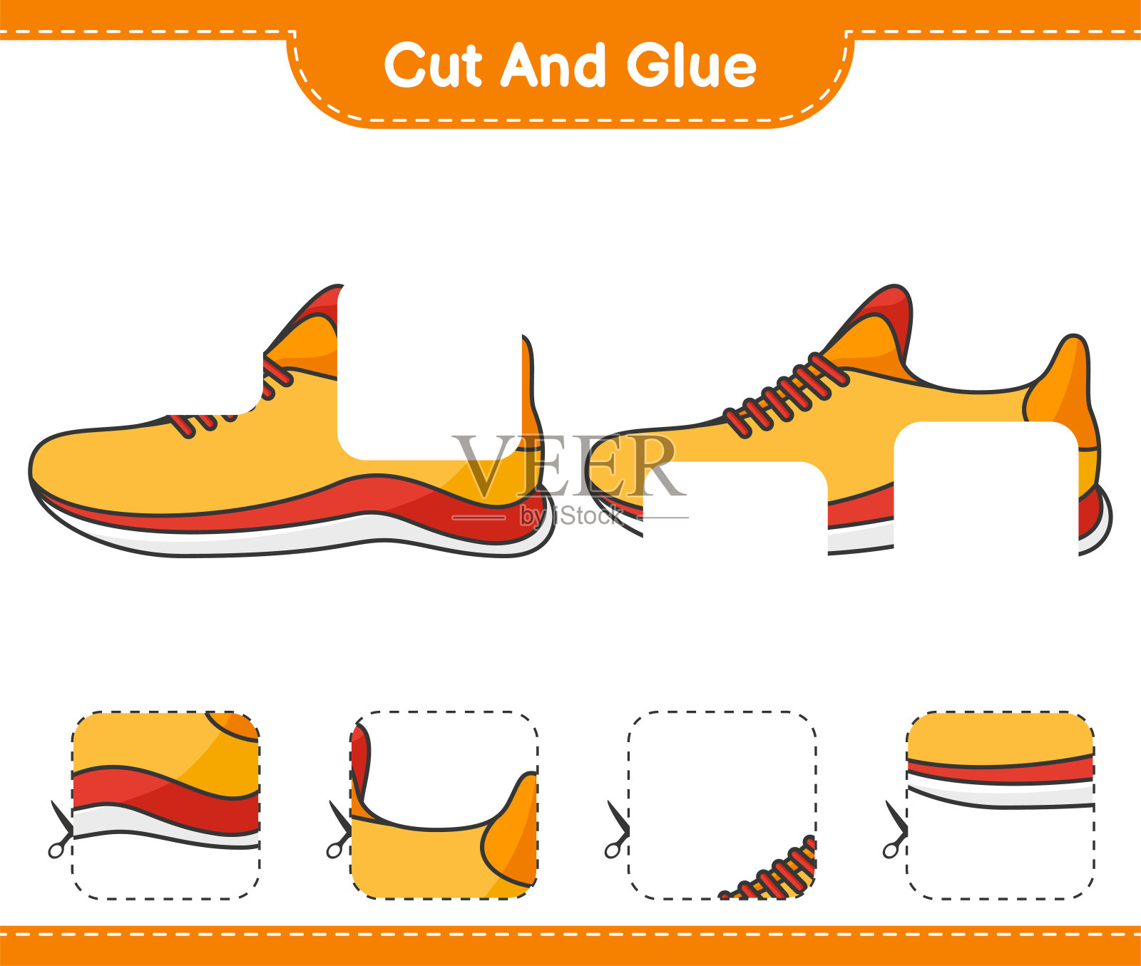 切断和胶水,切断部分跑步鞋和胶水。教育儿童游戏,可打印的工作表,矢量插图插画图片素材