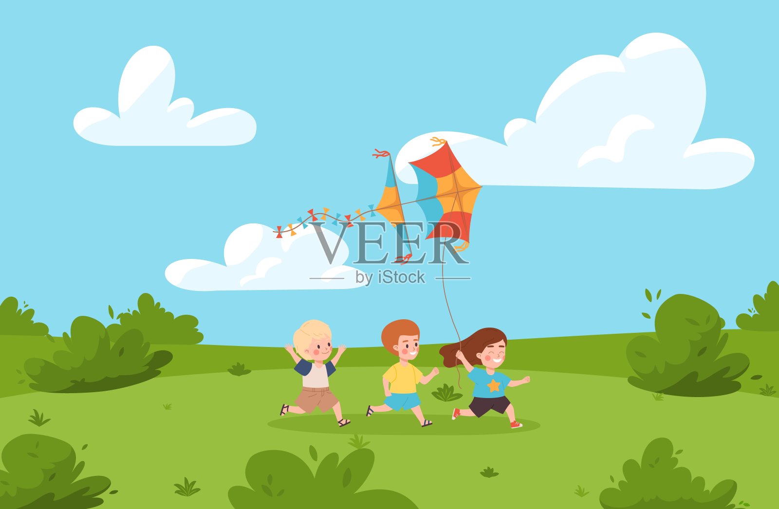 三个快乐的孩子在草坪上用风筝平跑插画图片素材