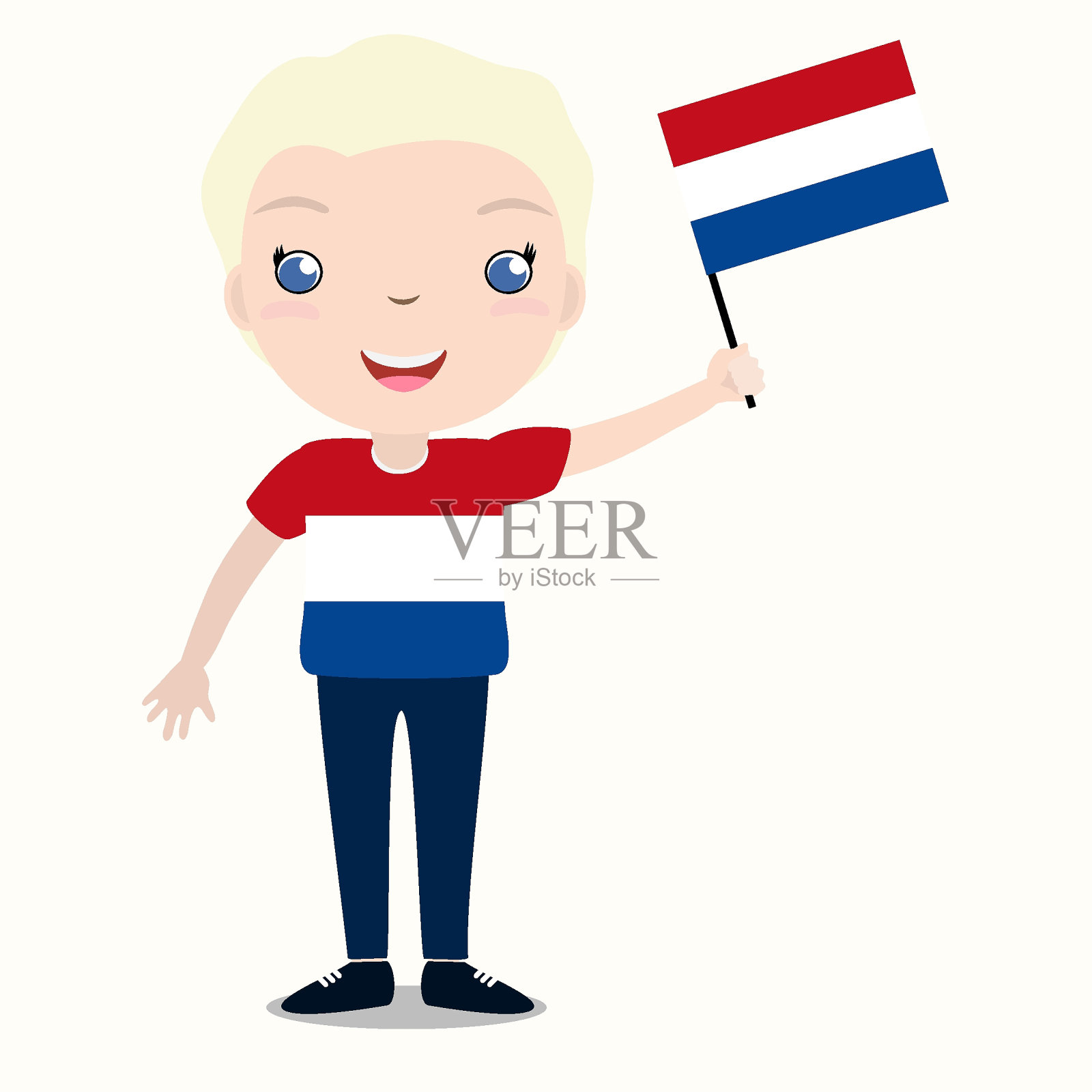 微笑的孩子,男孩,拿着一面孤立在白色背景上的荷兰国旗。向量卡通吉祥物。假日插图的国家的日子,独立日,国旗日。插画图片素材