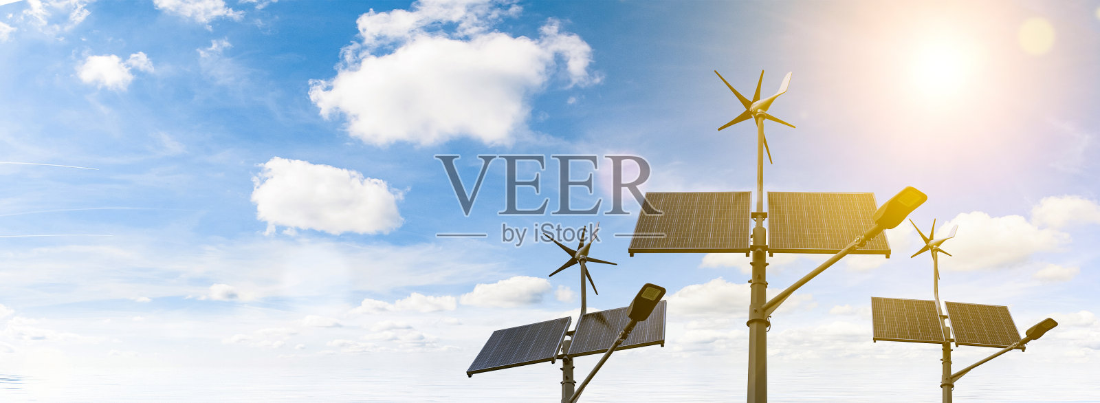 可再生能源旗帜。风力发电机采用太阳能发电板,可再生光伏技术。替代能源的概念。照片摄影图片