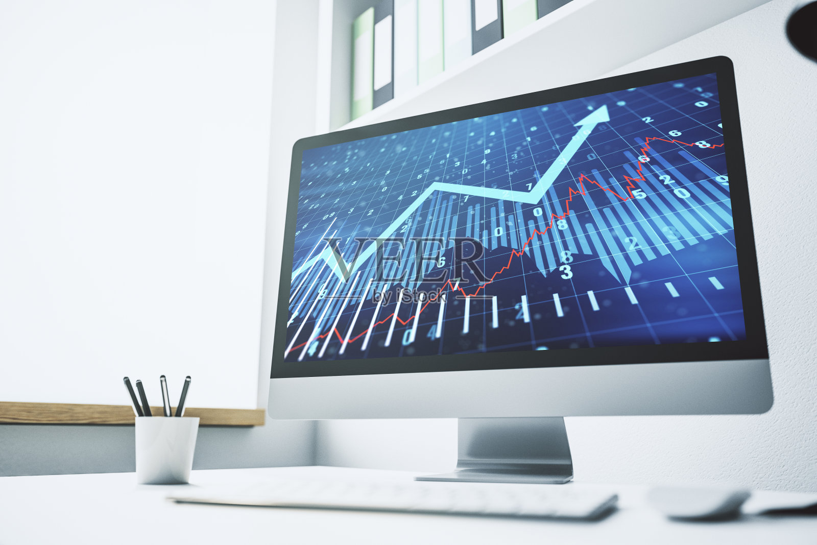 计算机显示器与抽象创意的金融图表和向上的箭头,财务和交易的概念。三维渲染照片摄影图片