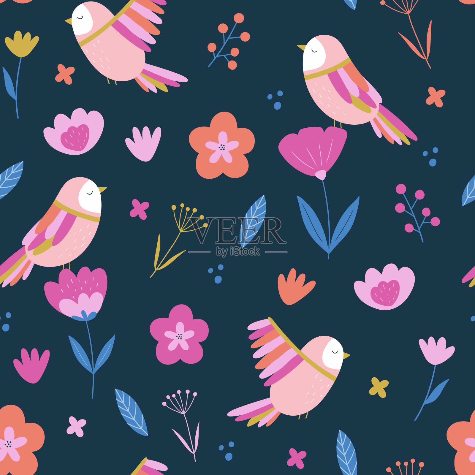 矢量无缝模式与鸟,花,叶,浆果民俗风格上的黑色背景。涂鸦插图与程式化的装饰花卉元素。用于纺织品,服装,床单。插画图片素材