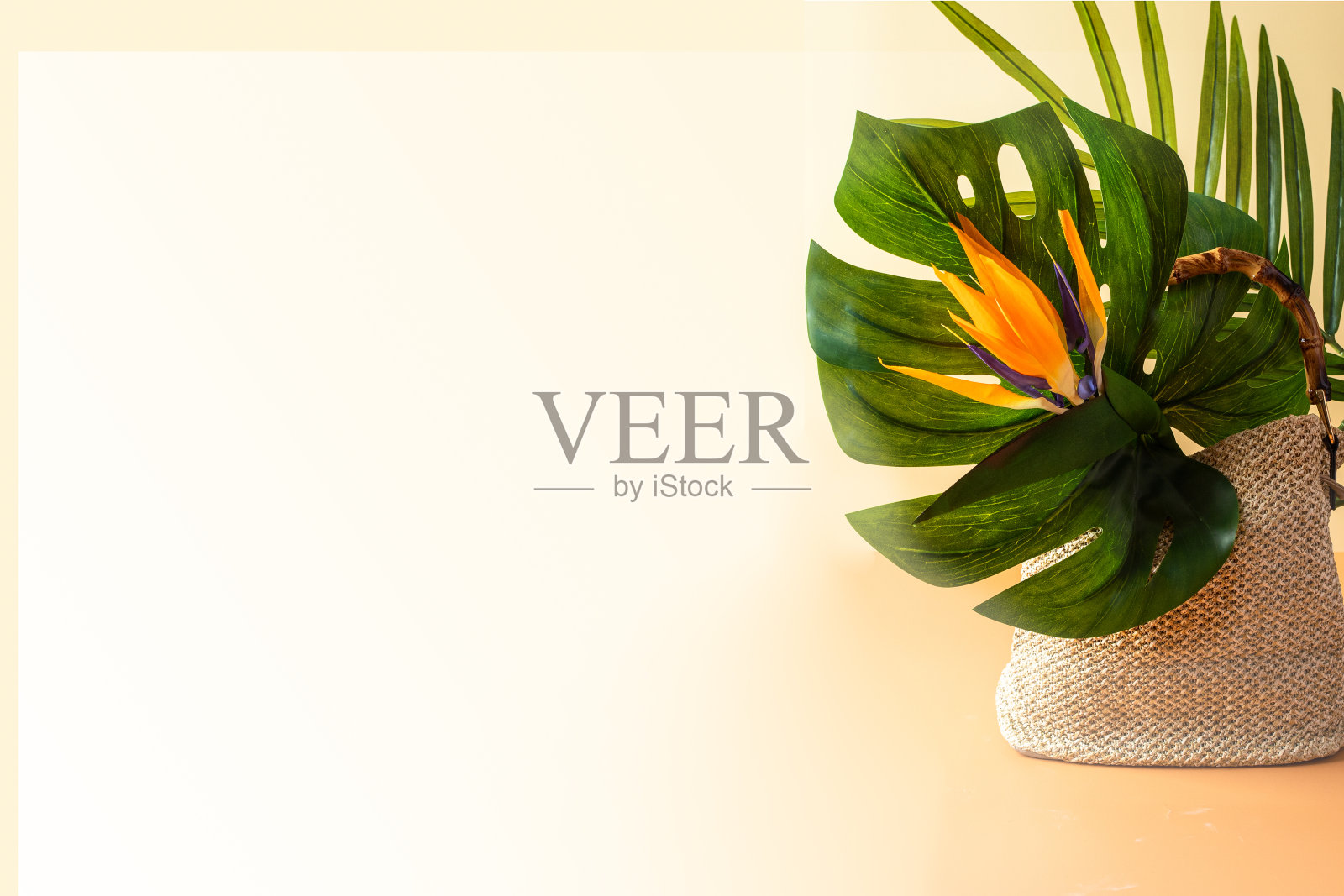 拉菲亚包与怪物棕榈叶,条纹热带花在米色渐变背景为夏季旅行的概念。照片摄影图片