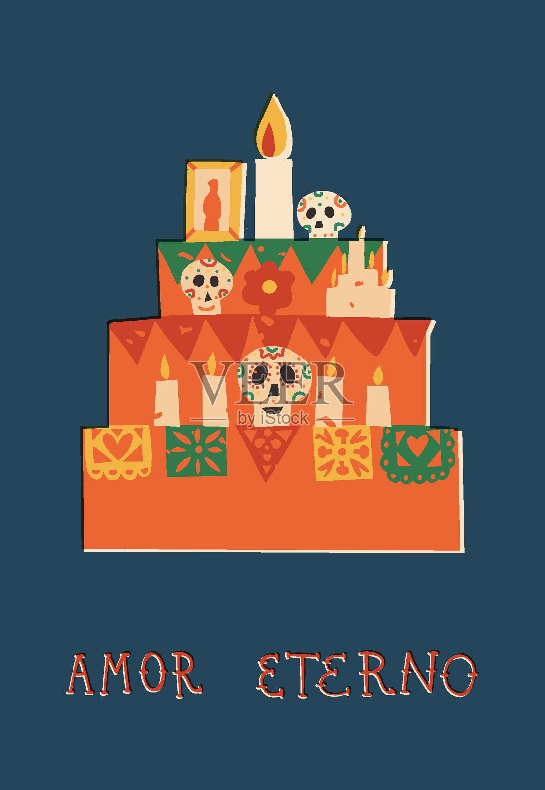 亡灵节贺卡,A5矢量横幅。西班牙文字,带有糖骷髅头和蜡烛的记忆神龛或圣坛,照片和papel picado或剪纸彩旗。插画图片素材