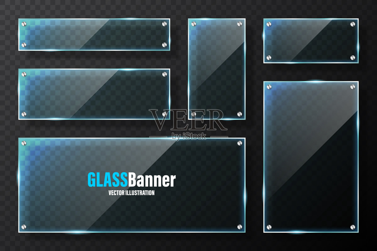 逼真的玻璃框架与金属支架。蓝色透明玻璃横幅与耀斑和亮点。光滑的亚克力板,有反光的元素和放置文字的地方。矢量图插画图片素材