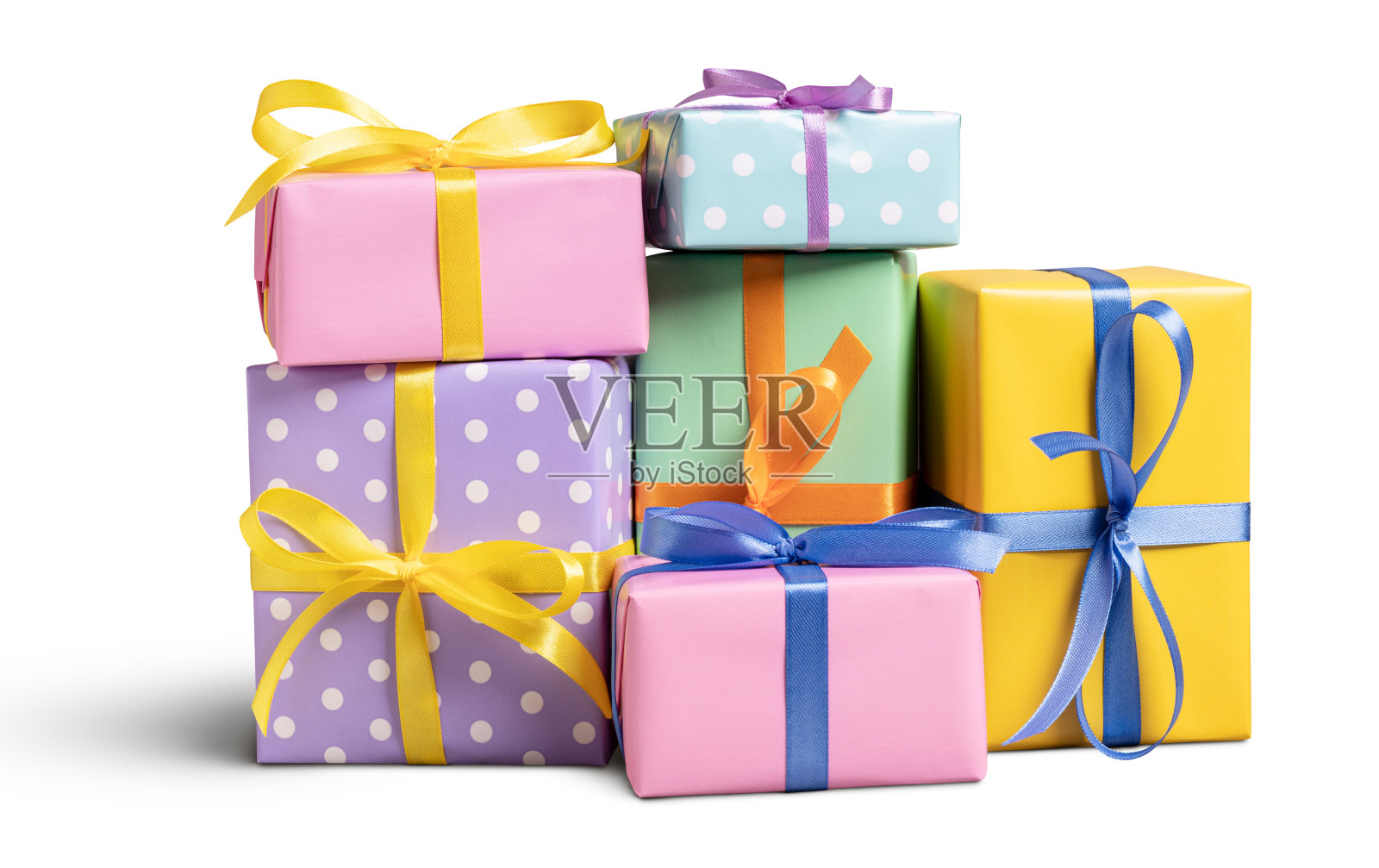 彩色礼盒上的白色照片摄影图片