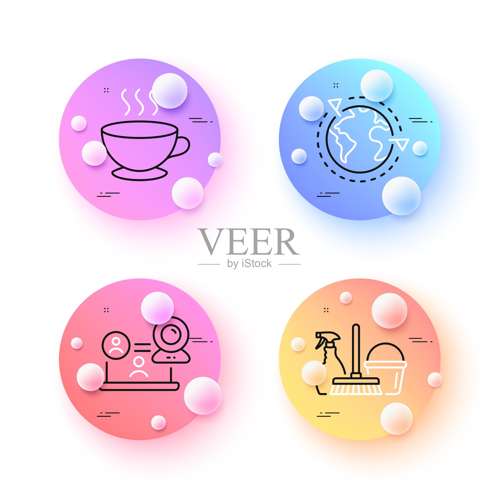 咖啡杯,外包和视频会议最小线图标。对于网页应用,打印。向量图标素材