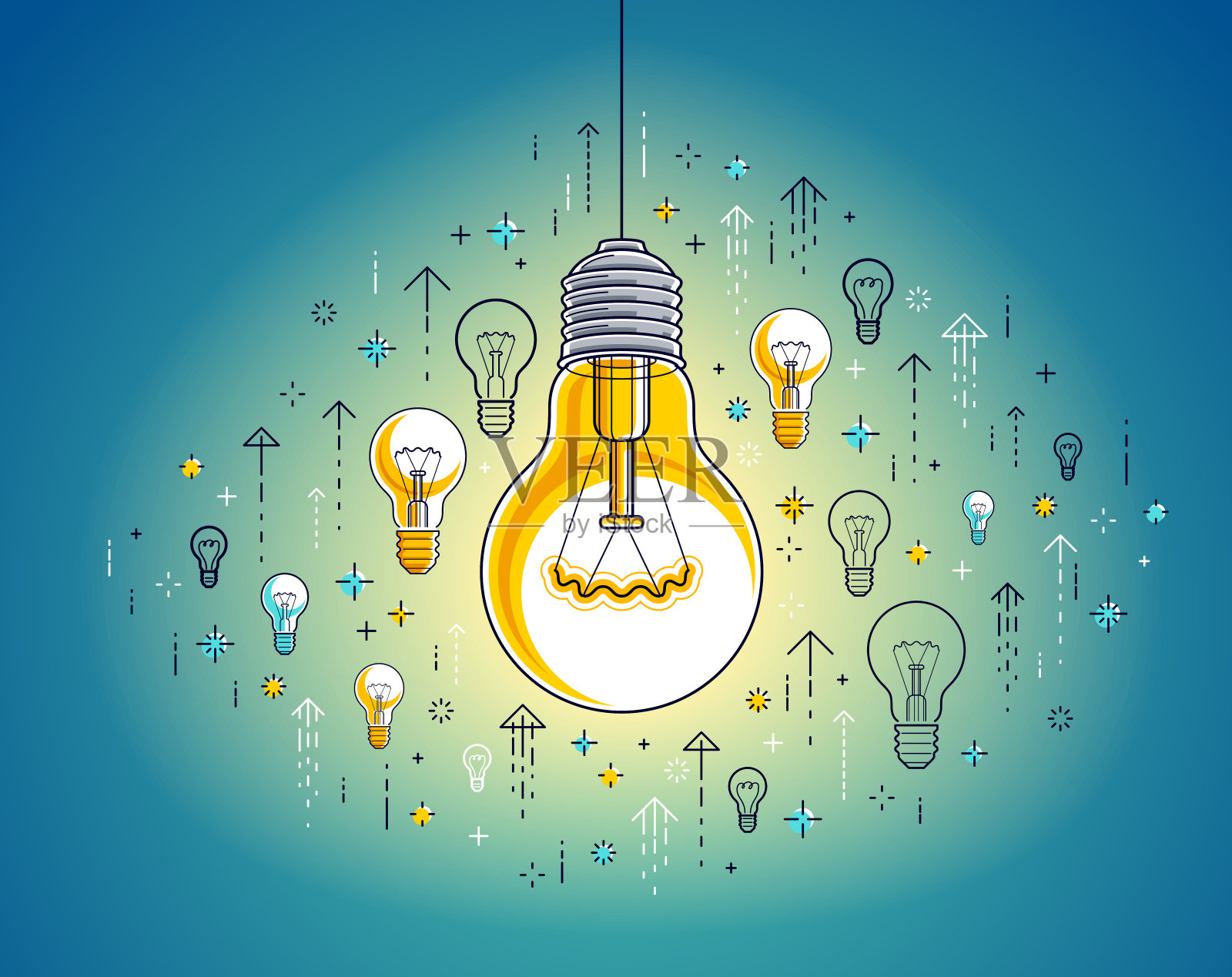 闪亮的灯泡和一组图标,商业理念和创意概念,电子商务寓言,互联网商业,市场或网上商店,矢量插画。设计元素图片