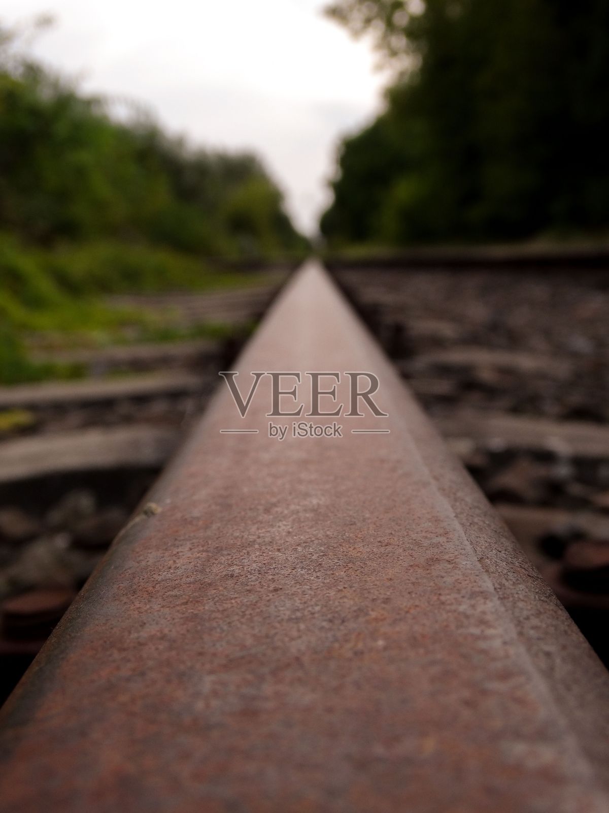 垂直拍摄的铁路轨道与树木和天空模糊的背景照片摄影图片