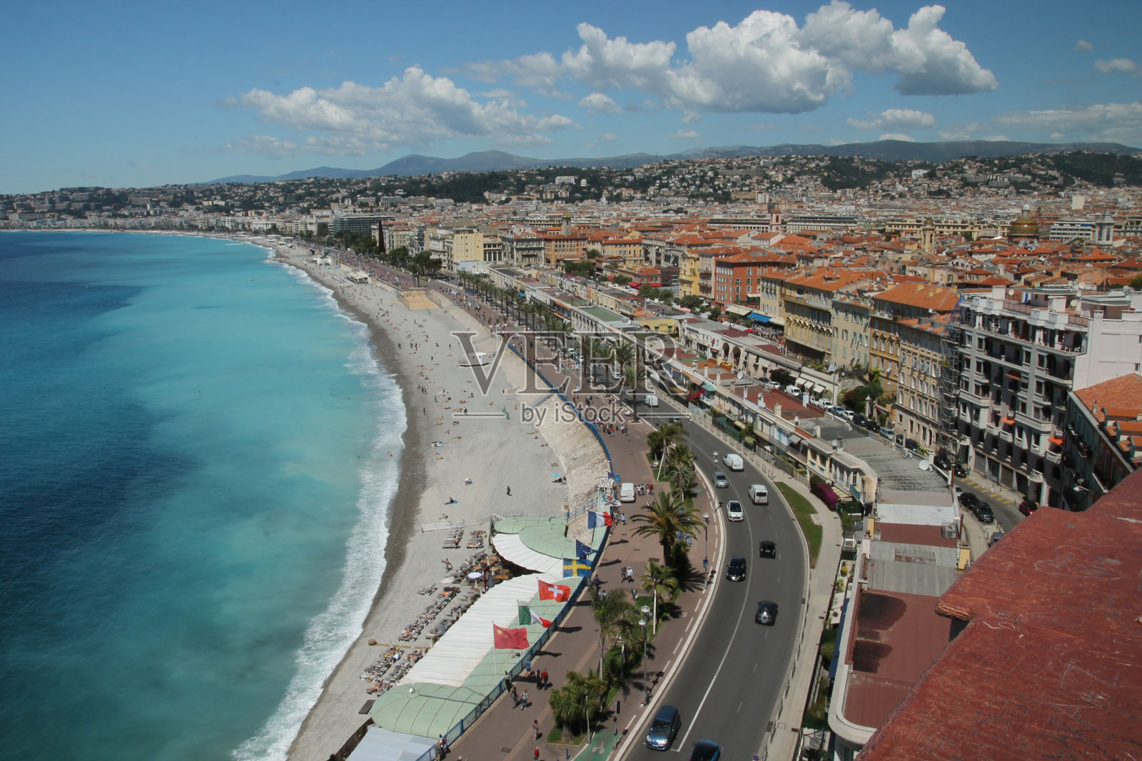 法国尼斯,地中海边的英国海滨鸟瞰图照片摄影图片