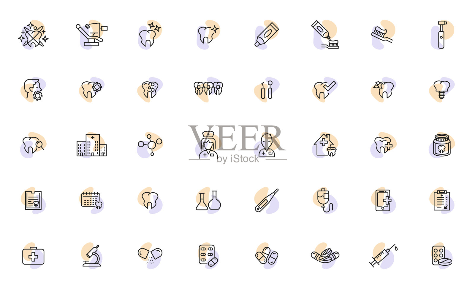 牙科护理和牙科服务的现代细线图标。牙科-轮廓图标集,简单的细线图标集合。牙科护理设备和医疗部件。口腔正畸学的概念。向量图标素材