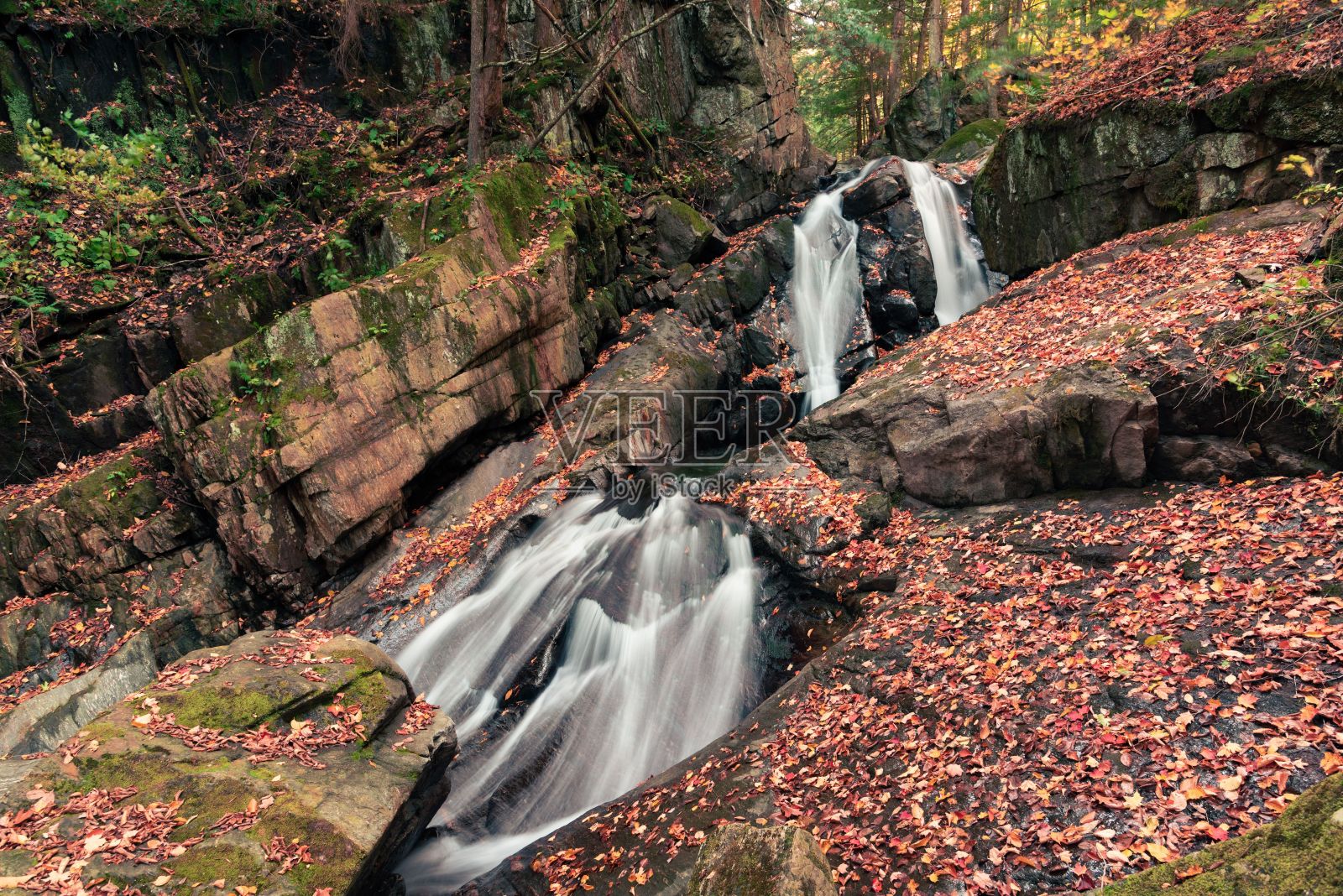一个小瀑布从森林里的岩石上流过的美丽镜头照片摄影图片