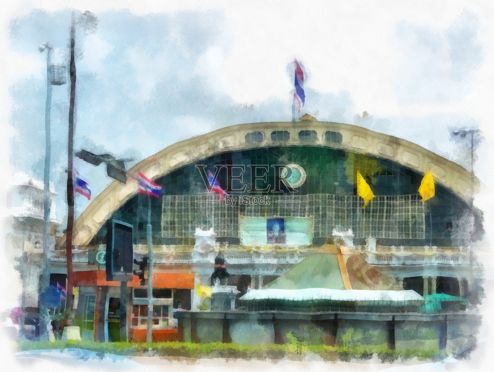 华兰芳火车站风景水彩画风插图印象派画作。插画图片素材