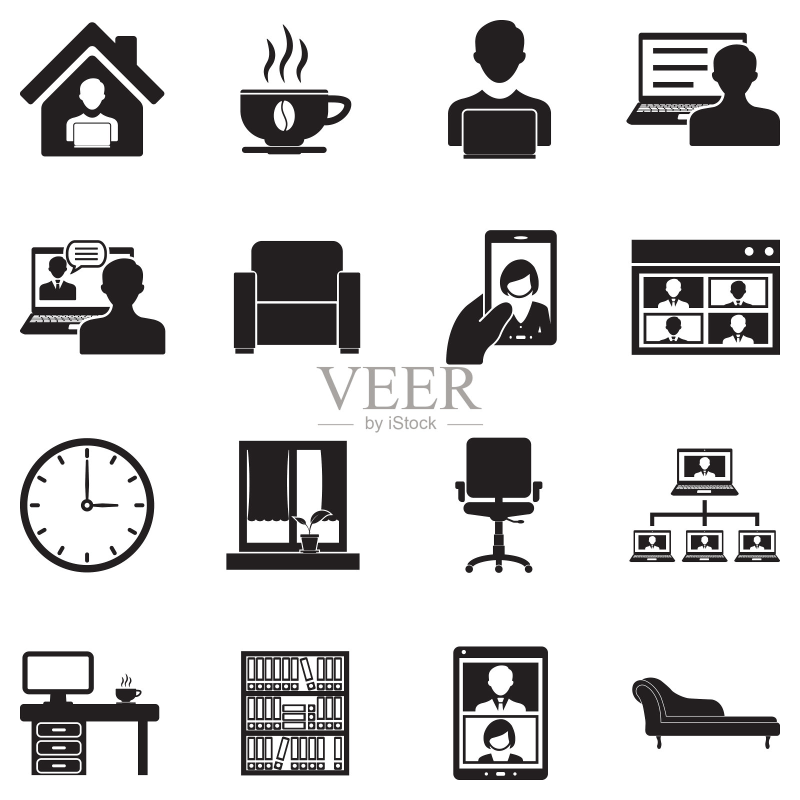 在家工作图标。黑色的平面设计。矢量插图。图标素材