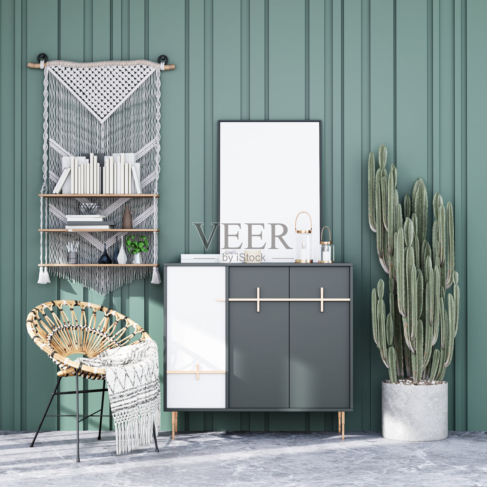 在现代室内装饰齐全的房间里模拟海报框架照片摄影图片