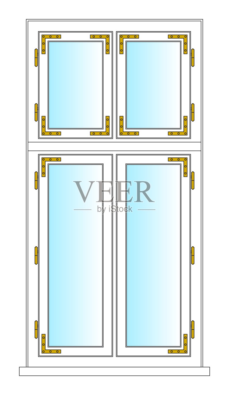 古老的欧洲窗户,1900年,木材和黄铜五金,白色漆插画图片素材