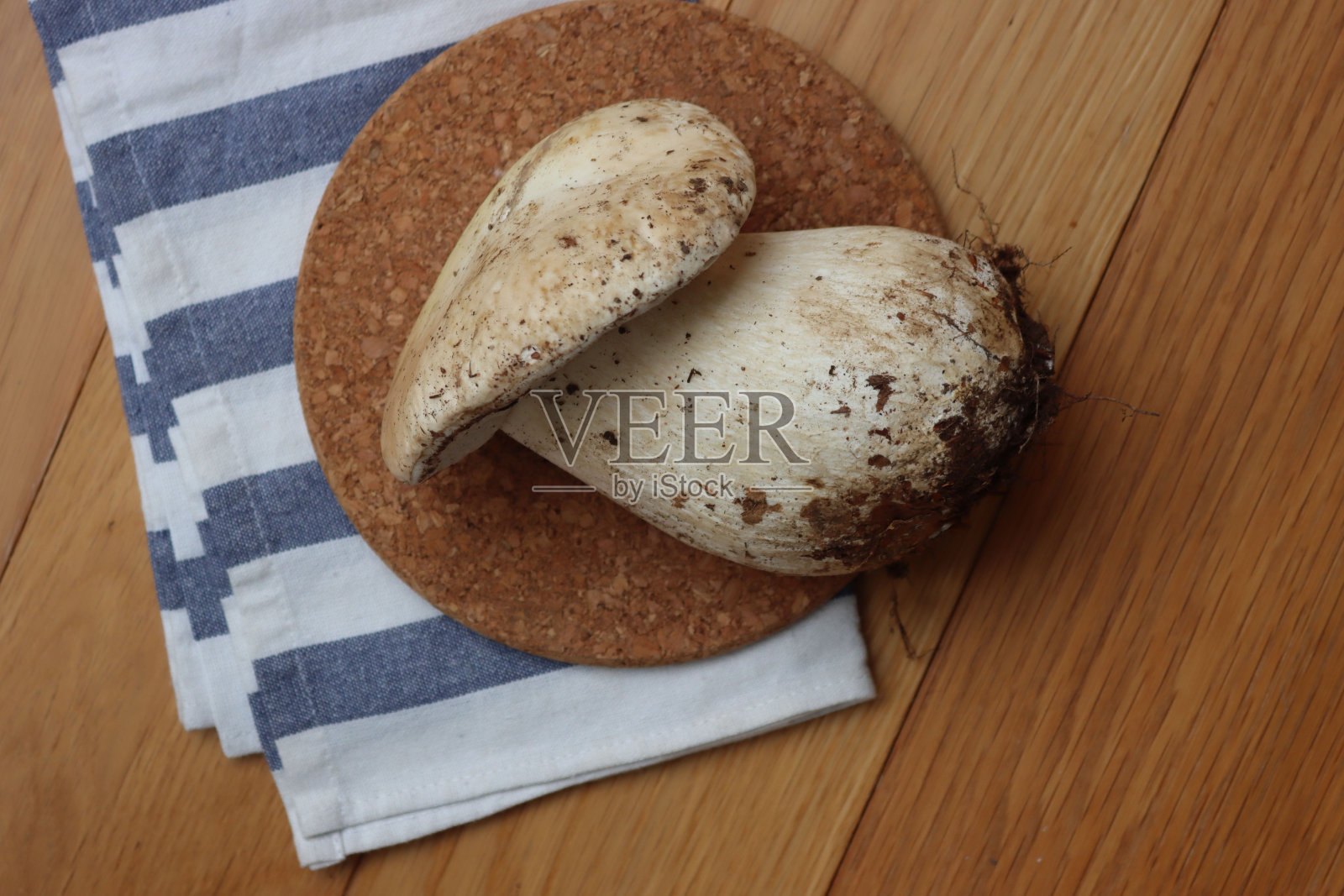 木桌上放着白色的大蘑菇。牛肝菌属菌类可食的照片摄影图片