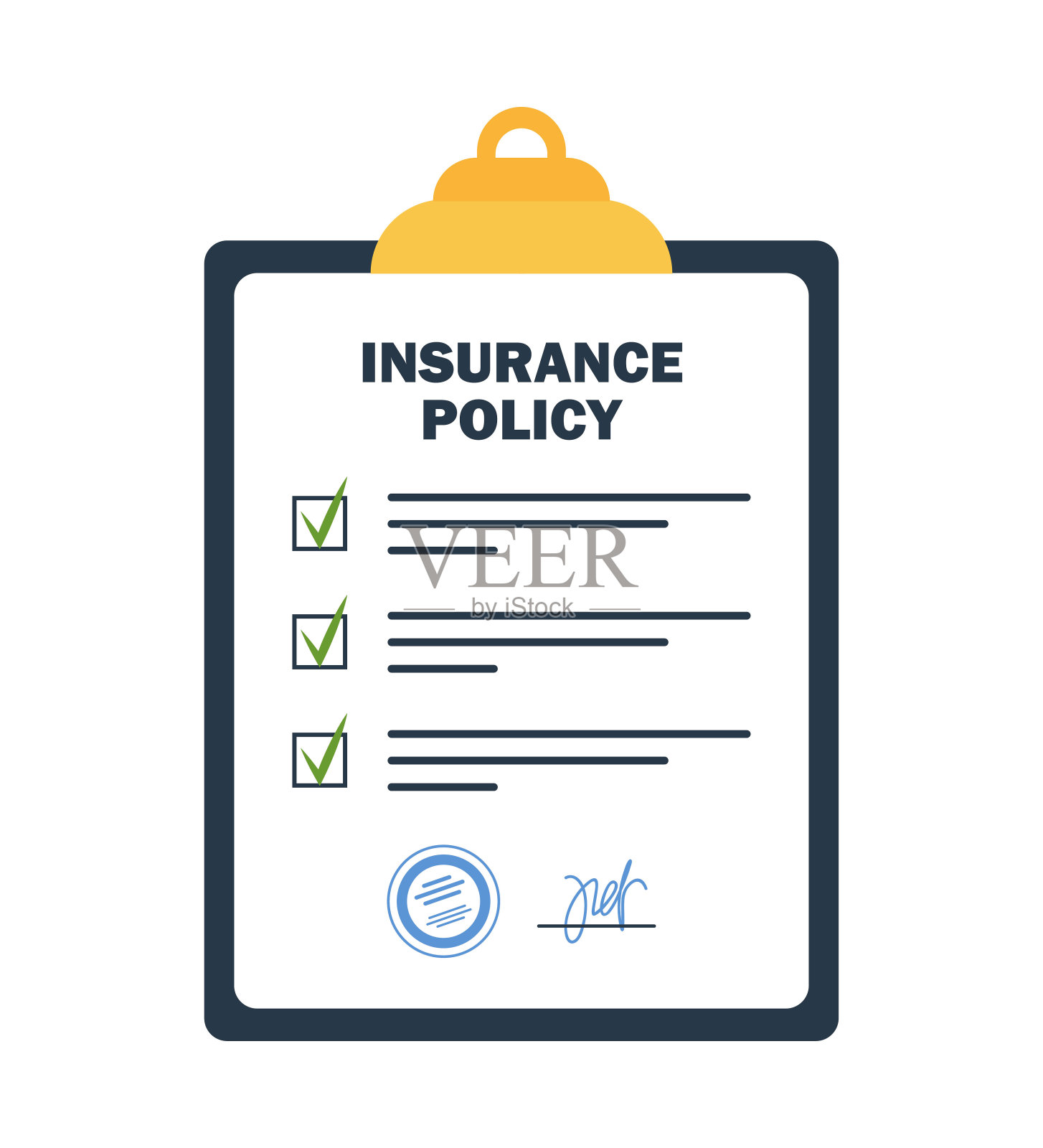 剪贴板上的保险单。公司协议合同文件。检查清单,并在船上签名。伤害风险法法律准备。矢量插图。插画图片素材