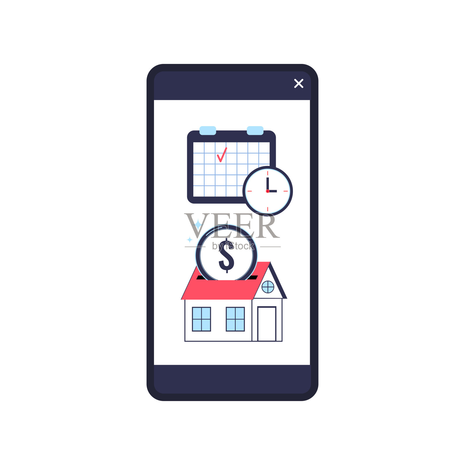 方便的财产抵押信贷支付与日历在手机屏幕上。插画图片素材