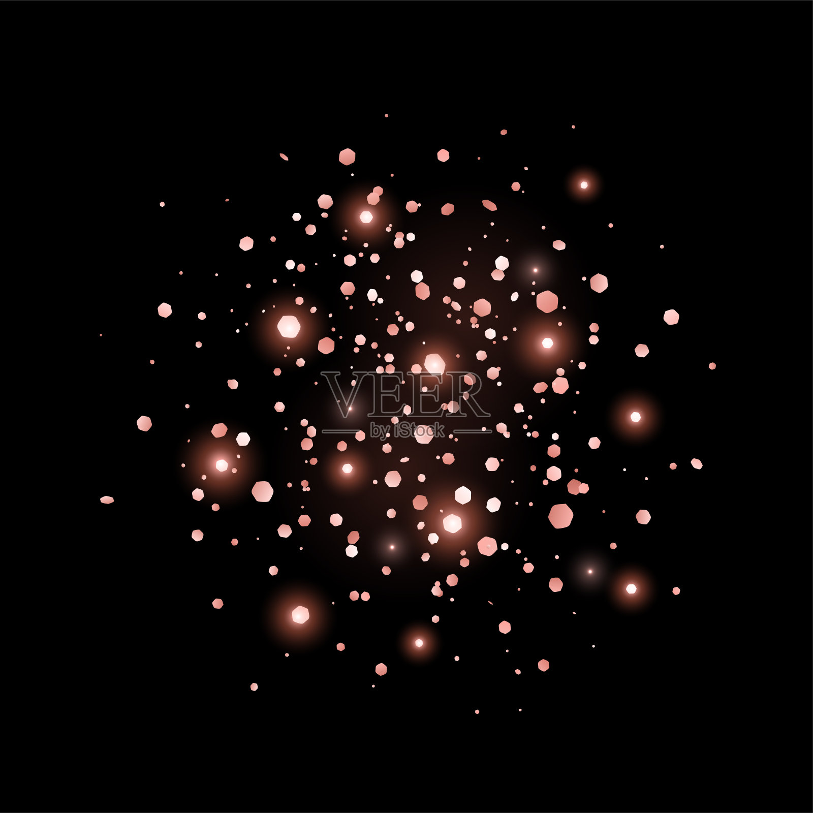 砂纸玫瑰金渐变闪光五彩纸屑与灯光上的黑色背景。向量插画图片素材