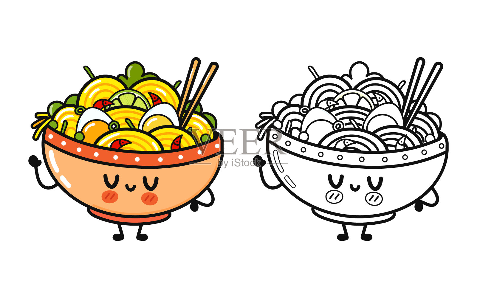 有趣可爱的快乐拉面碗人物捆绑集。矢量手绘卡通卡哇伊人物插画图标。可爱的碗拉面。为涂色书勾勒卡通插画插画图片素材