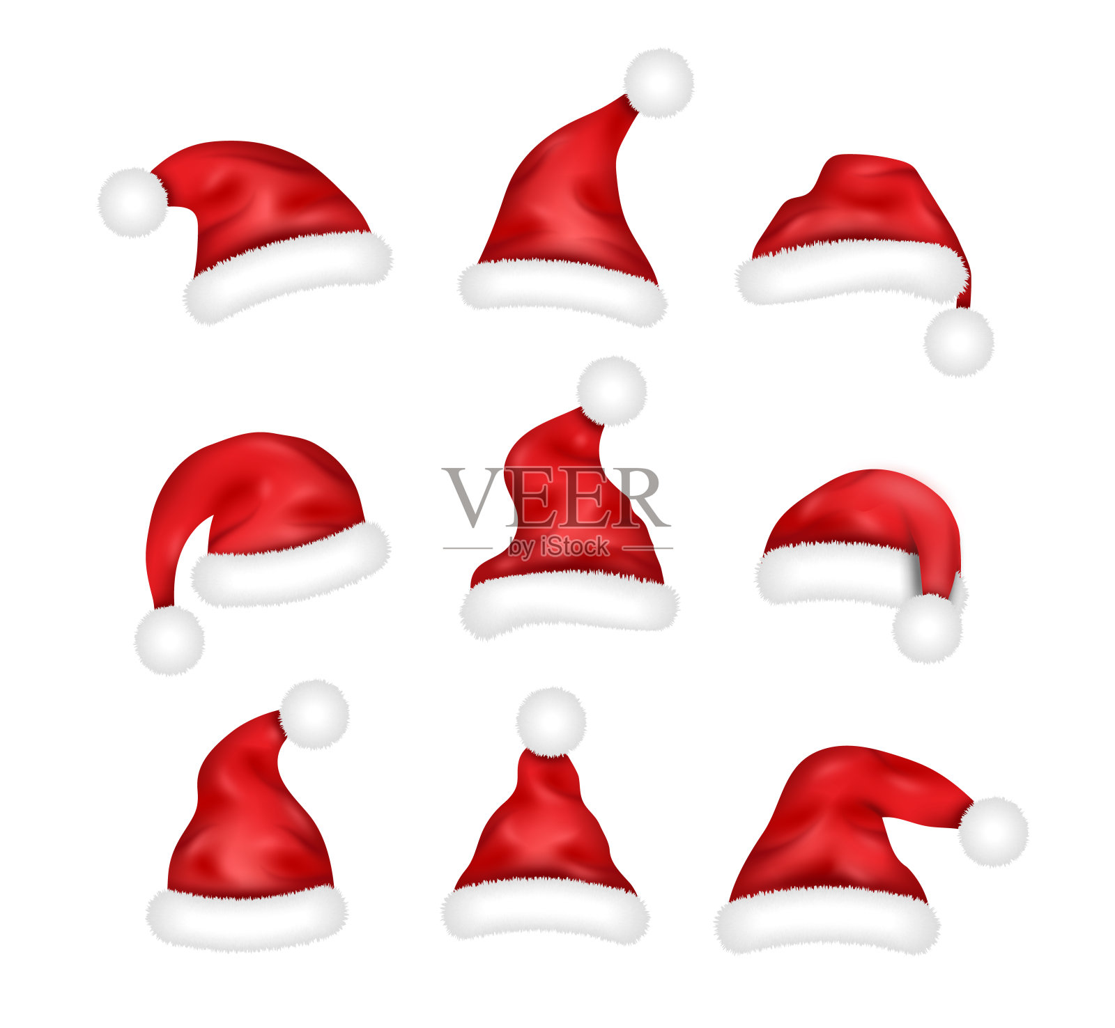 逼真的圣诞老人帽子套装。3d红色帽子为圣诞节,新年和十二月假期网页设计插画图片素材