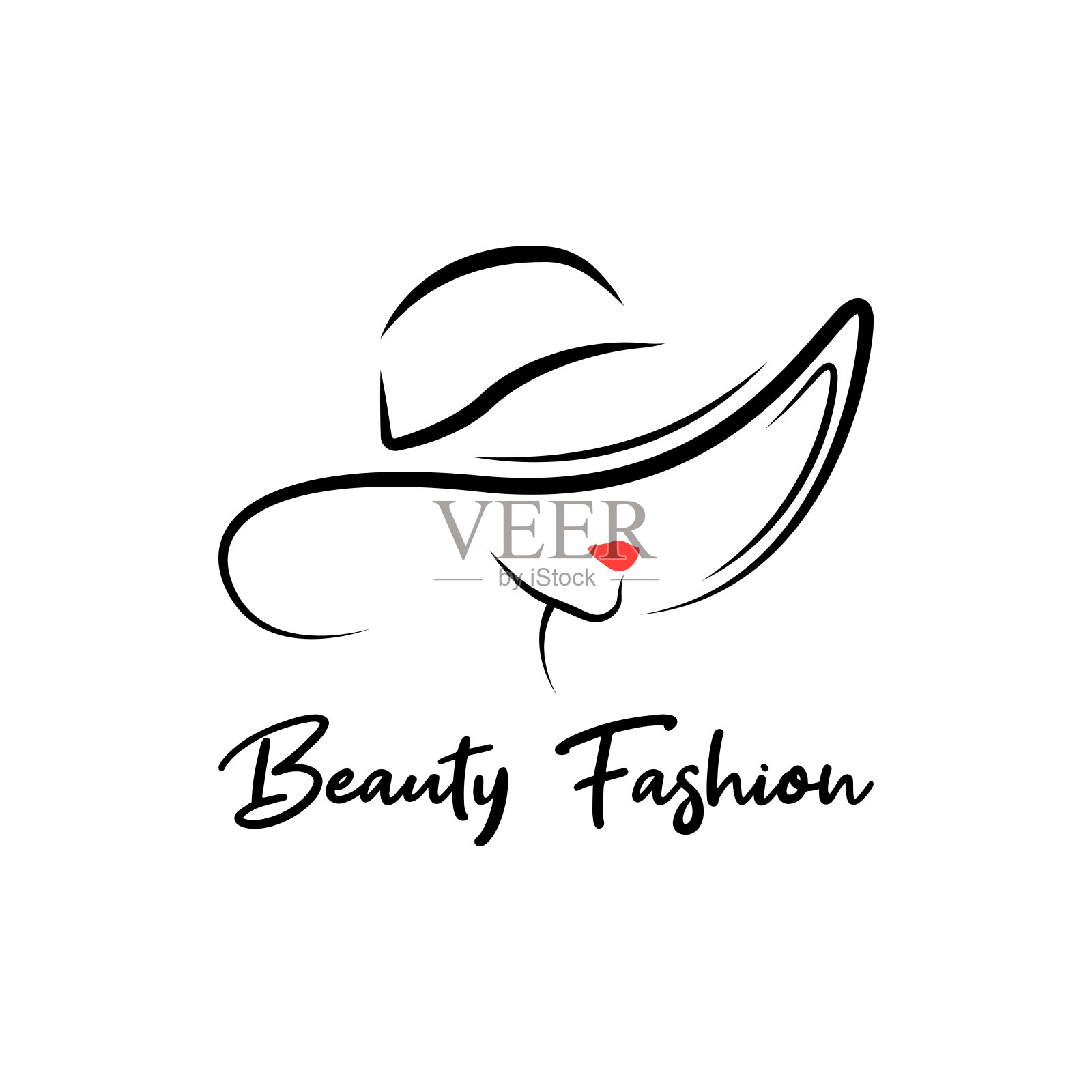 美丽的轮廓轮廓女性头在帽子。红唇女孩的时尚标志。时尚女士图标插画图片素材