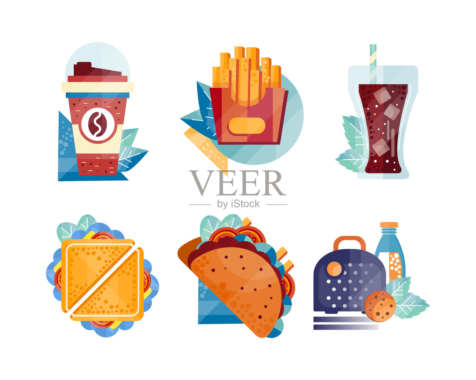 午餐盒套装纸咖啡杯墨西哥玉米卷法国插画图片素材