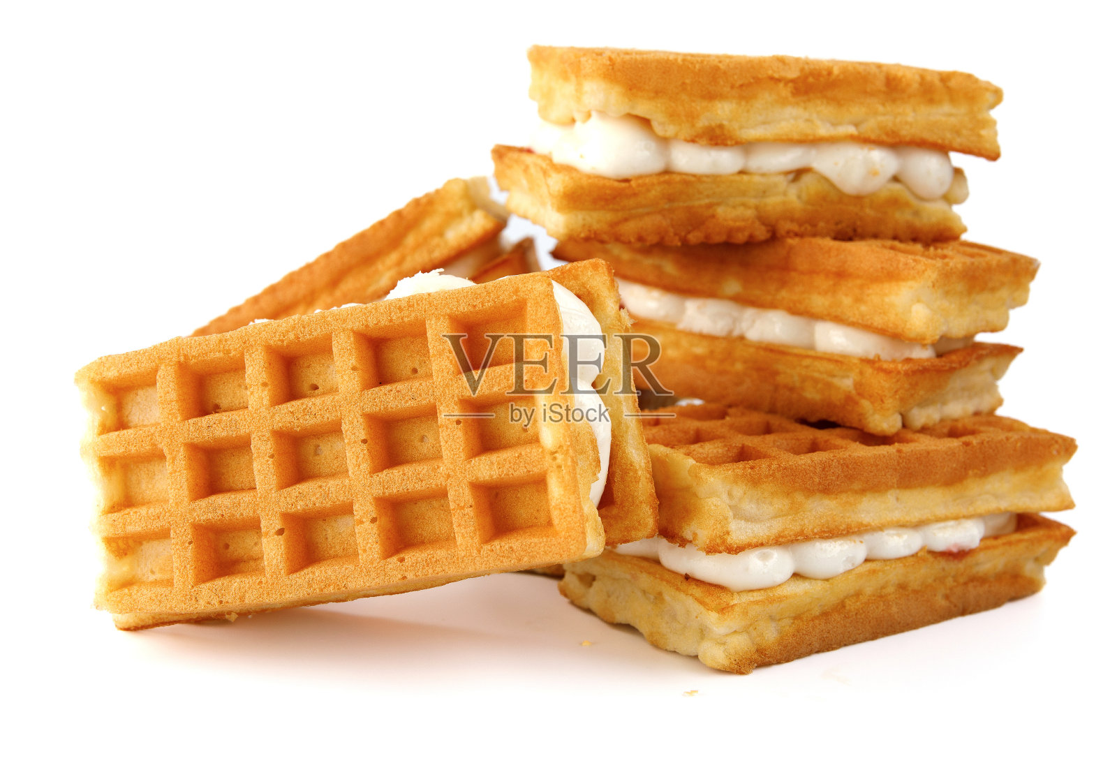 维也纳华夫饼,白底奶油。照片摄影图片