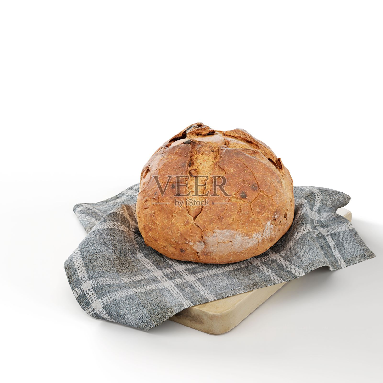 木板上的新鲜面包的3D插图,上面覆盖着白色背景上孤立的毛巾照片摄影图片