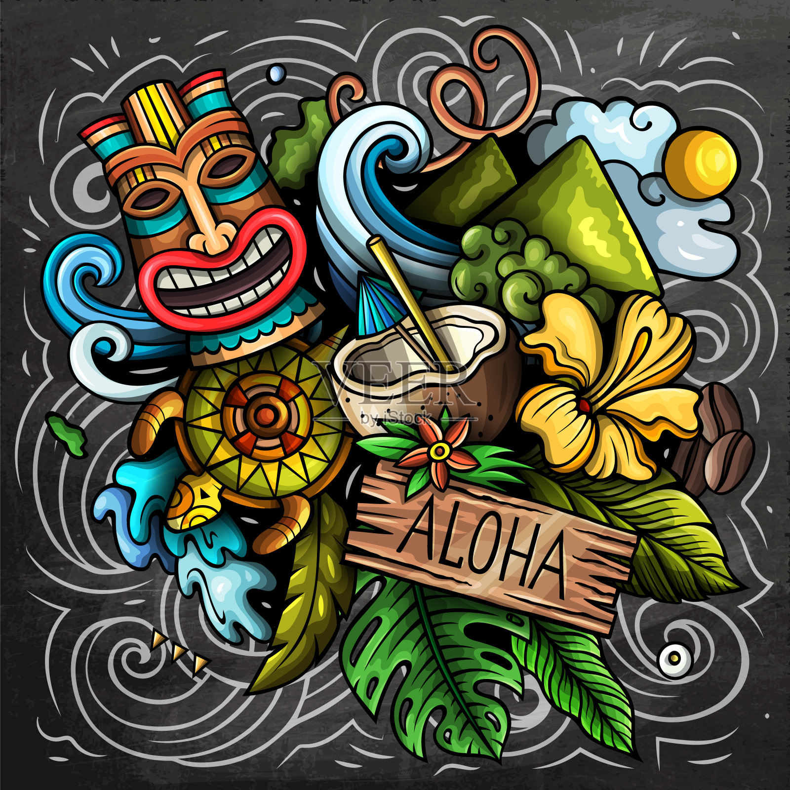 夏威夷卡通矢量涂鸦设计插画图片素材