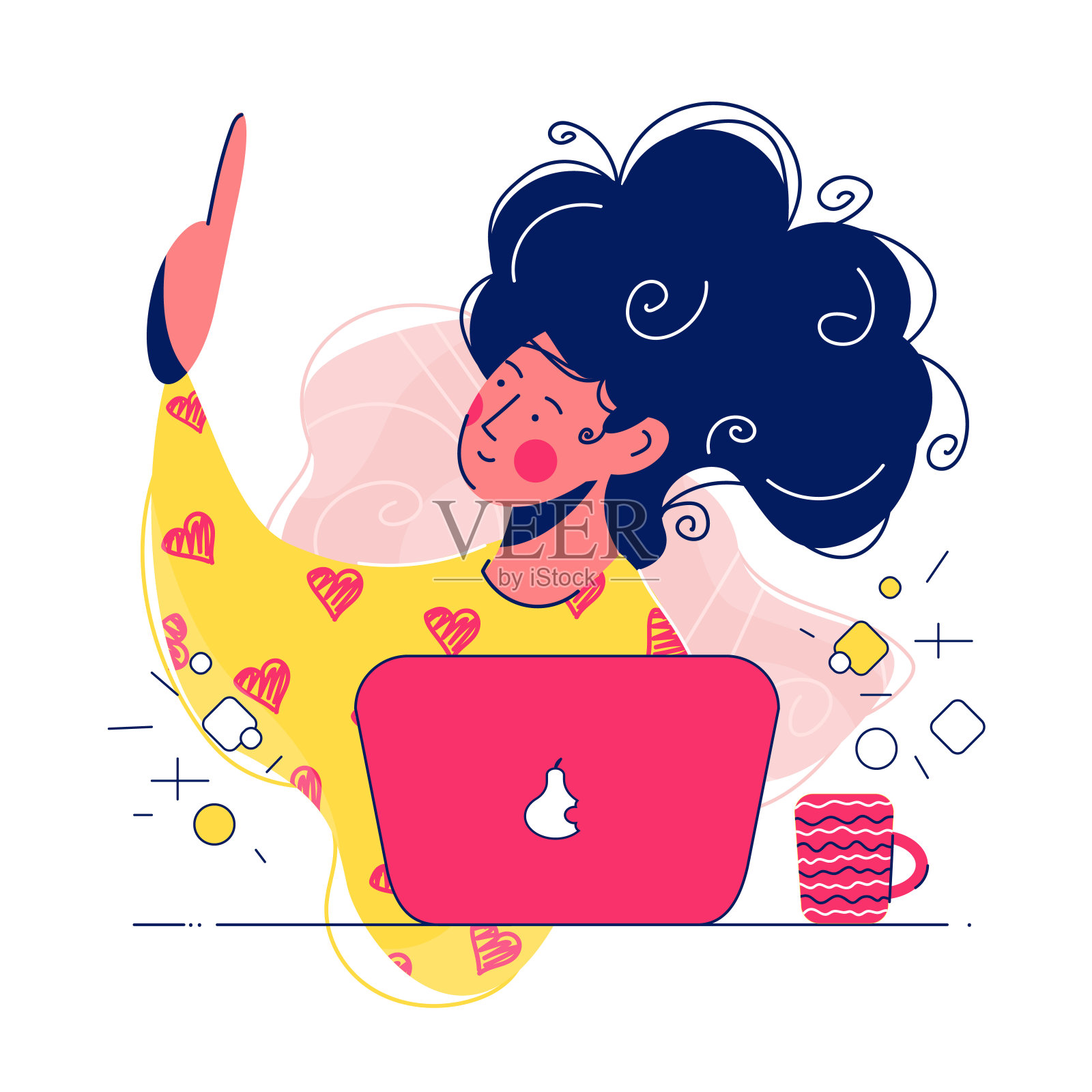 女孩坐在桌子前,在电脑上工作,有想法。插画图片素材