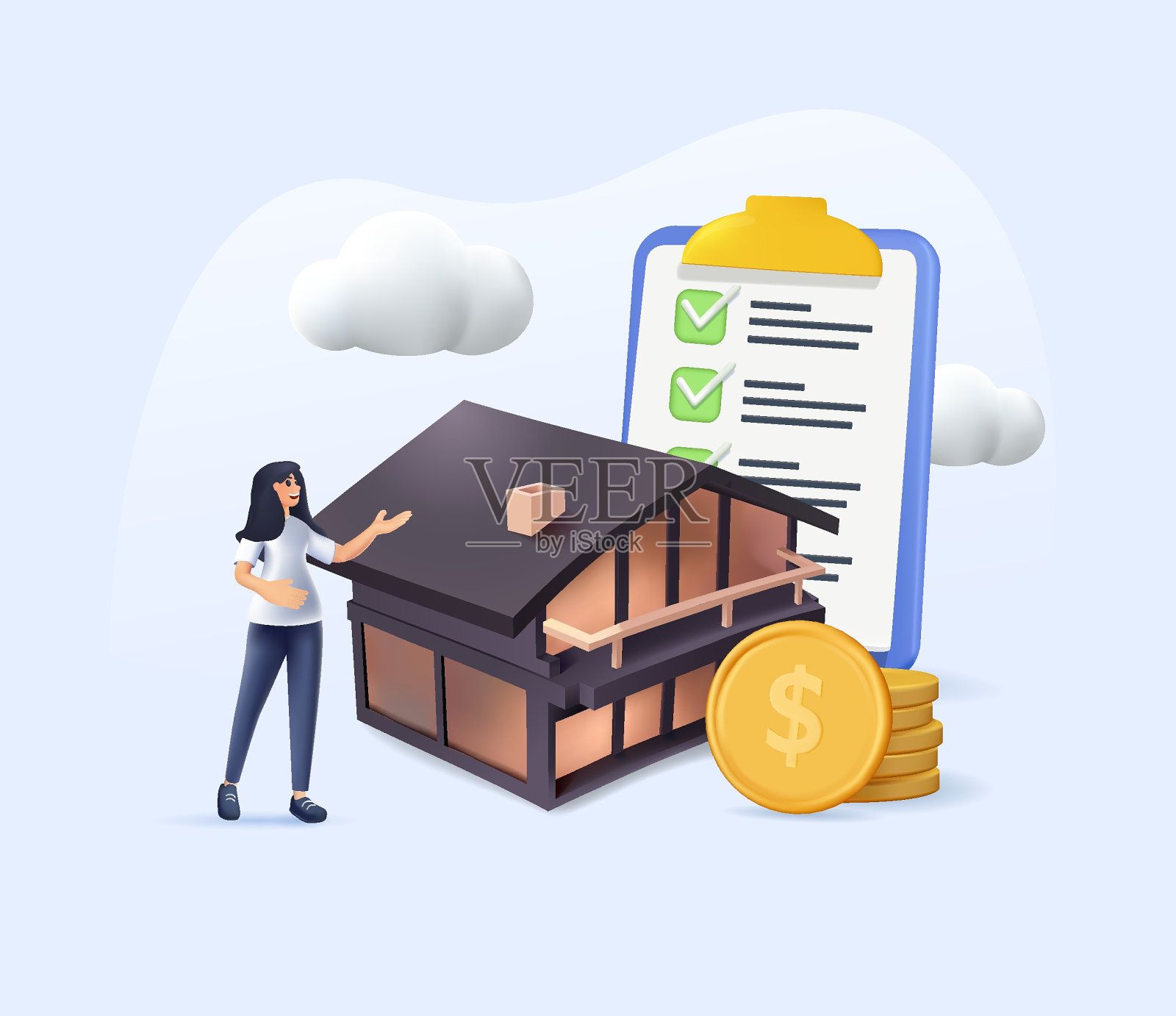 3D人物购买抵押房议程与房地产经纪人。人们把钱投资于房地产。房子插画图片素材