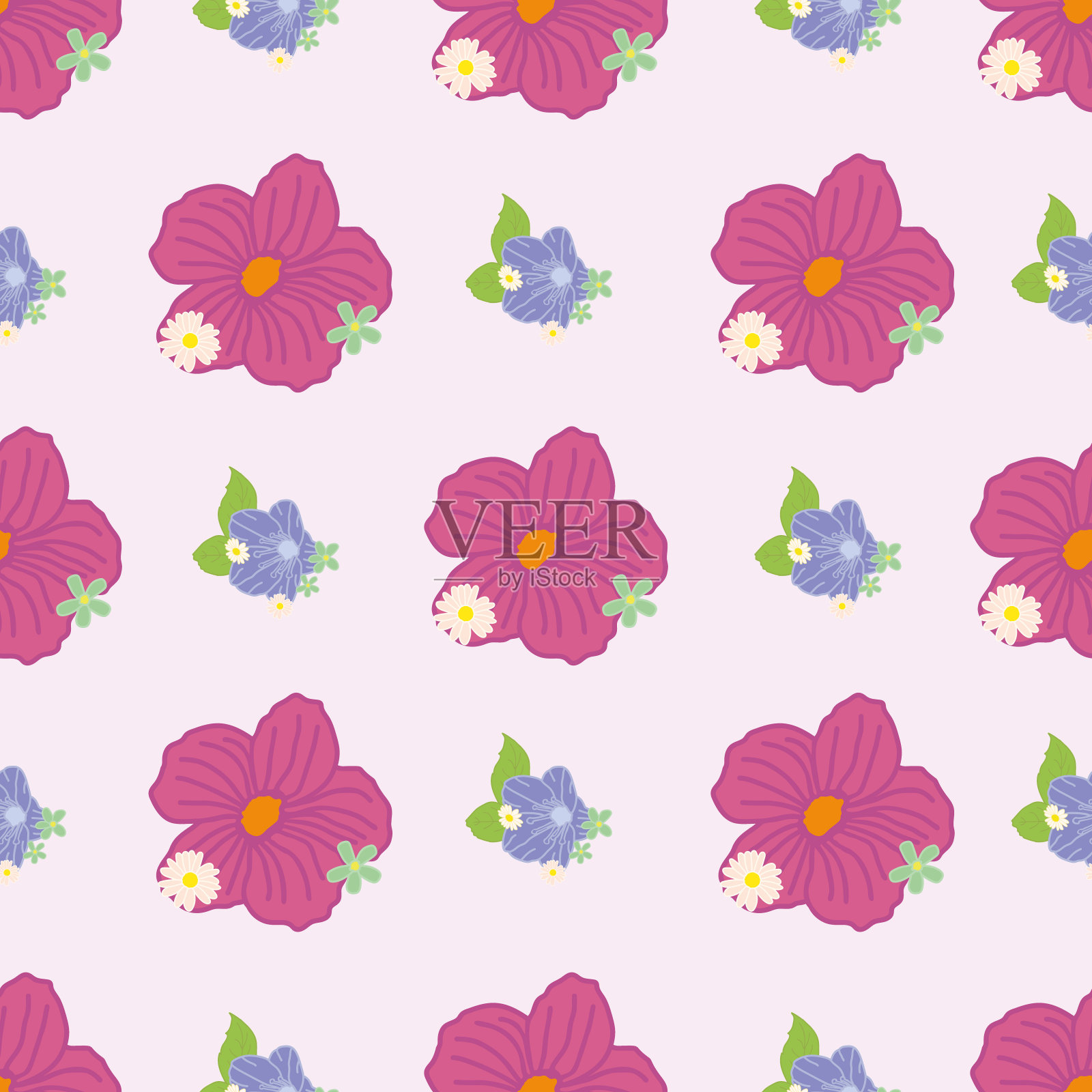 矢量热带紫色,蓝色,粉色,绿色,白色的花朵,白色背景上的小绿色叶子。插画图片素材