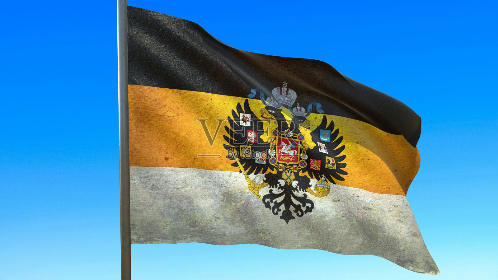 俄罗斯帝国的旗帜在风中飘扬在旗杆上对着天空3d渲染照片摄影图片