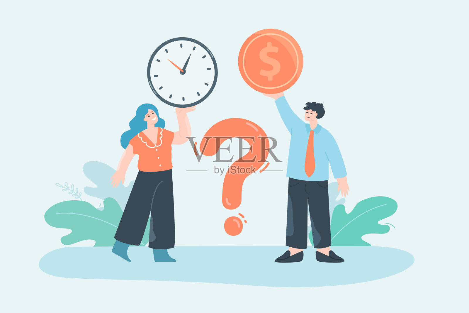 男女员工手持时钟和金币插画图片素材