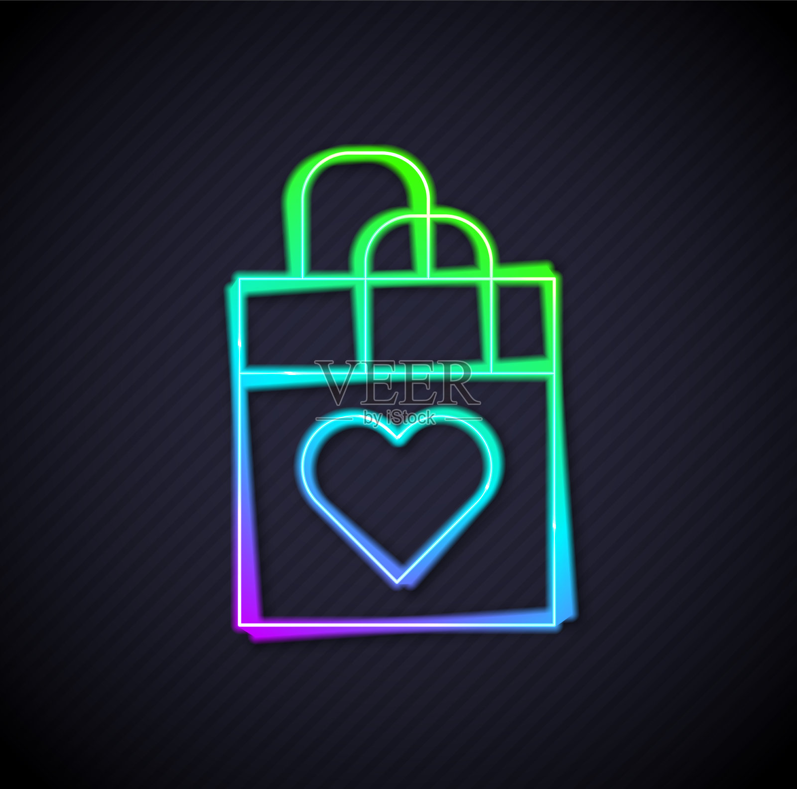 发光的霓虹灯线购物袋与心脏图标插画图片素材