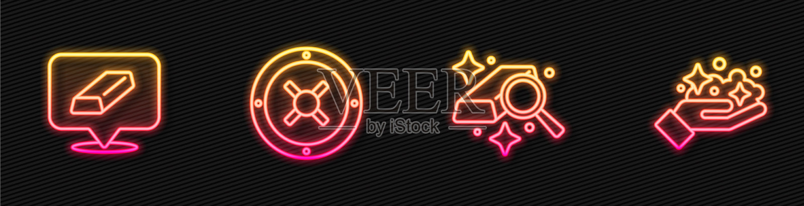 设置线金条安全和矿山发光的霓虹灯插画图片素材