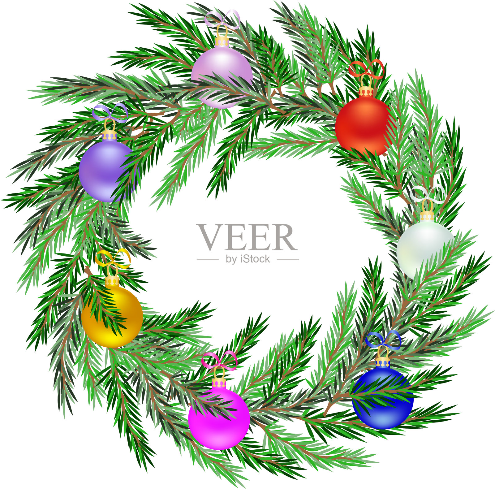 栩栩如生的圣诞花环与许多渐变的彩色小玩意插画图片素材